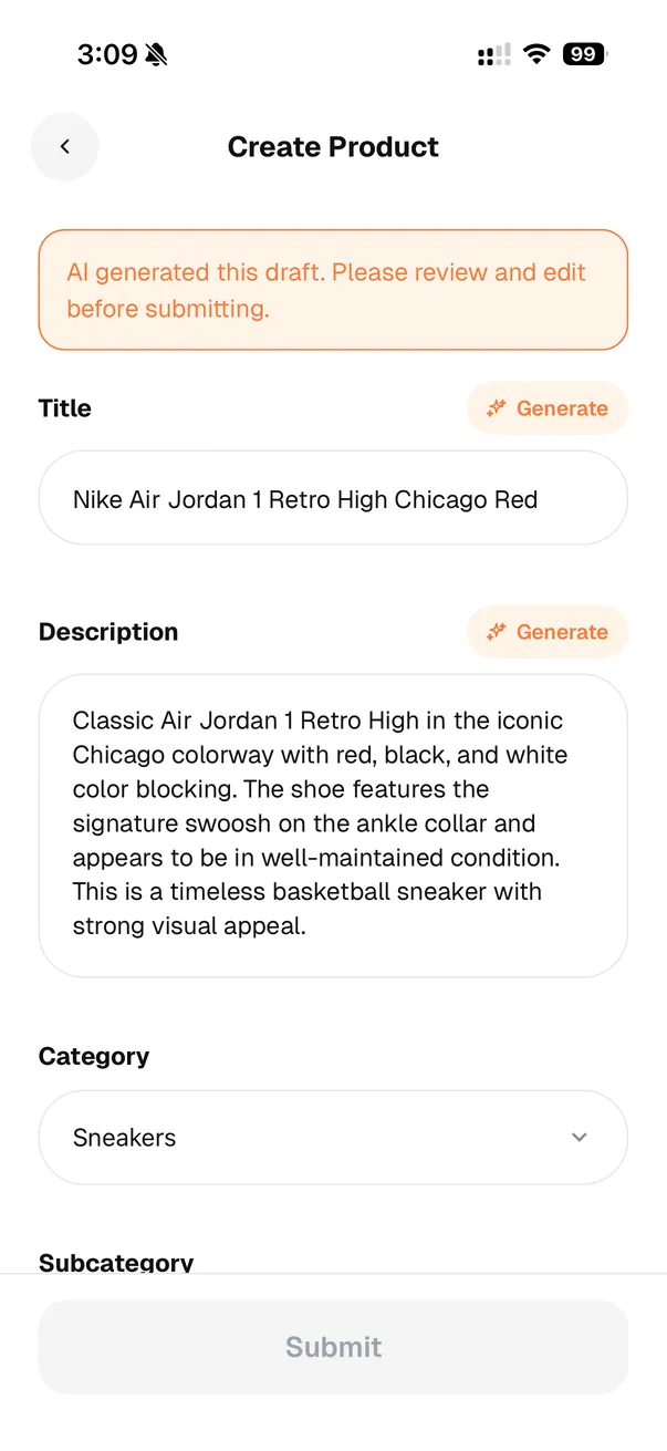 Create Product form filled with editable AI-generated listing draft