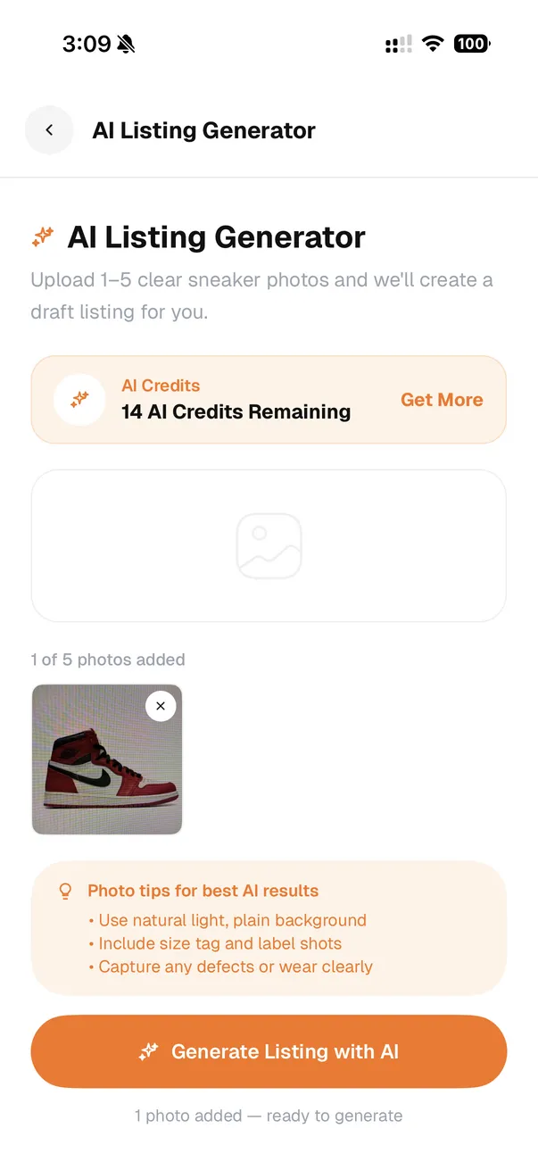 AI Listing Generator screen with credits, product photo upload, tips, and generate action