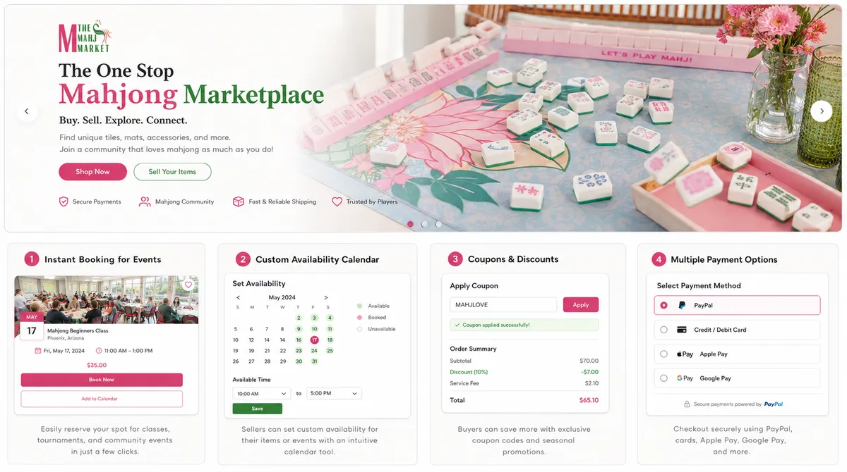 The Mahj Market ecommerce and events marketplace screens