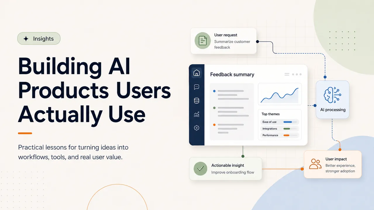 AI product dashboard showing feedback summaries, user requests, AI processing, and actionable insights