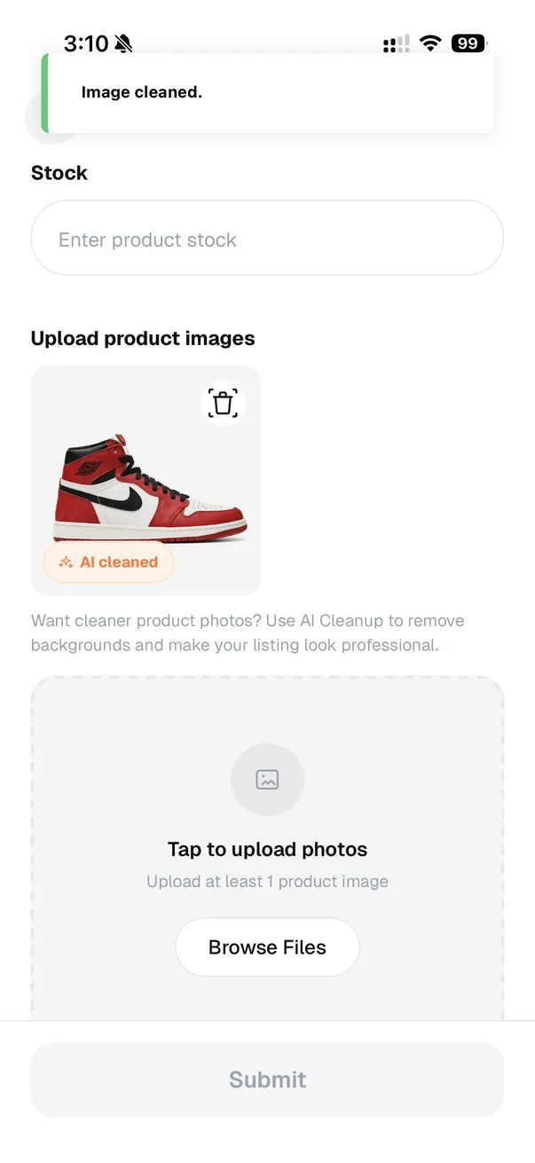 Cleaned product image with AI cleaned badge and success toast