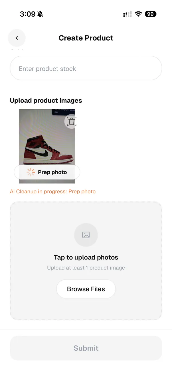 AI cleanup loading state while product photo is being enhanced