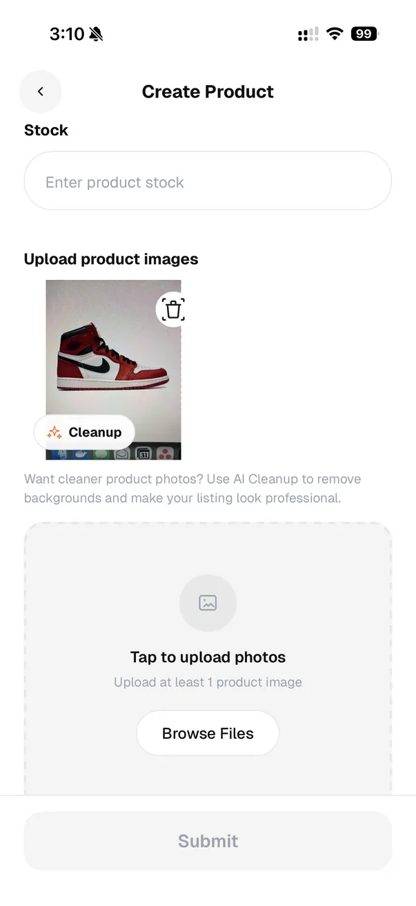 Uploaded product image with AI cleanup action