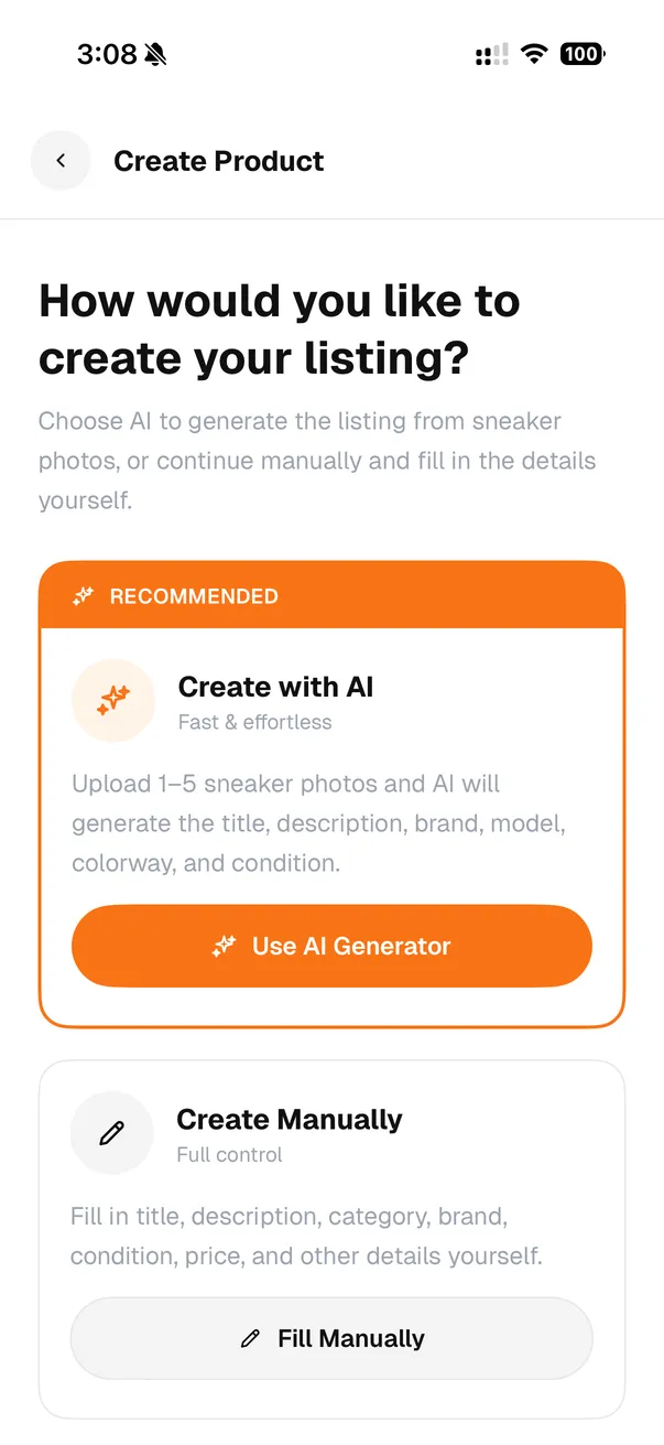Mobile listing creation screen with Create with AI and Create Manually options
