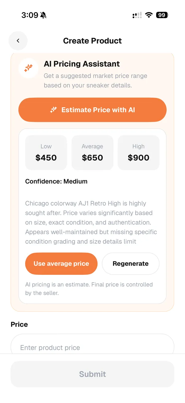 AI Pricing Assistant screen with low, average, and high price range