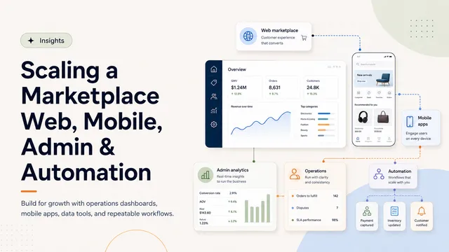 Marketplace scaling dashboard showing web marketplace, mobile app, admin analytics, operations, automation, payment capture, inventory updates, and customer notifications
