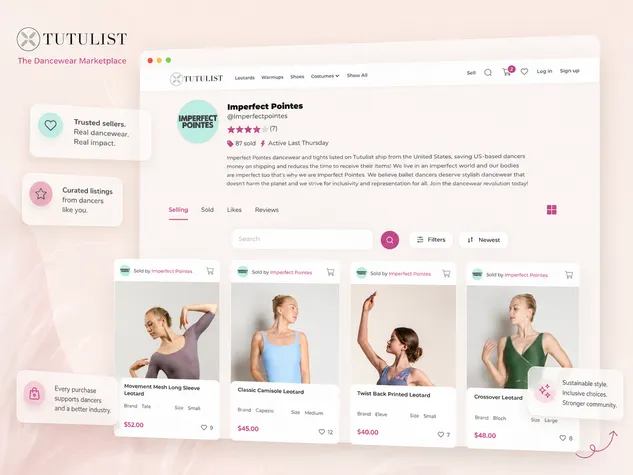 Tutulist seller profile with ratings and active listings