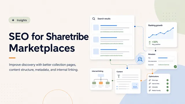 Marketplace SEO dashboard showing search results, ranking growth, metadata, internal linking, content, and technical optimizations